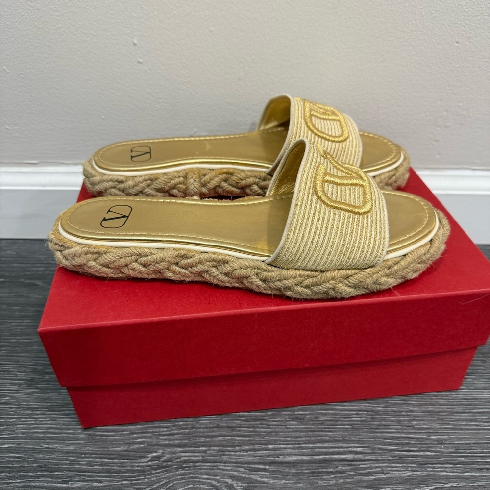 Valentino Gold Braided Espadrille Slide Sandals 40